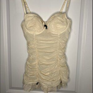 Vintage Y2K La Senza Lingerie White Glittery Going Out Top w/ Black Bows